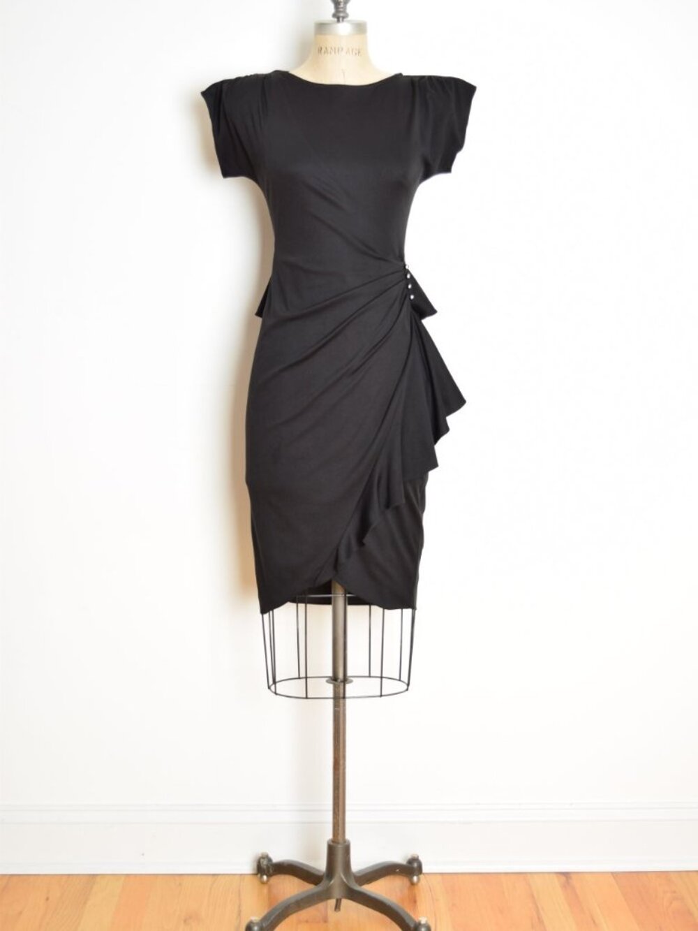 vintage 80s wrap dress black knit draped ruffle space age cocktail party XS